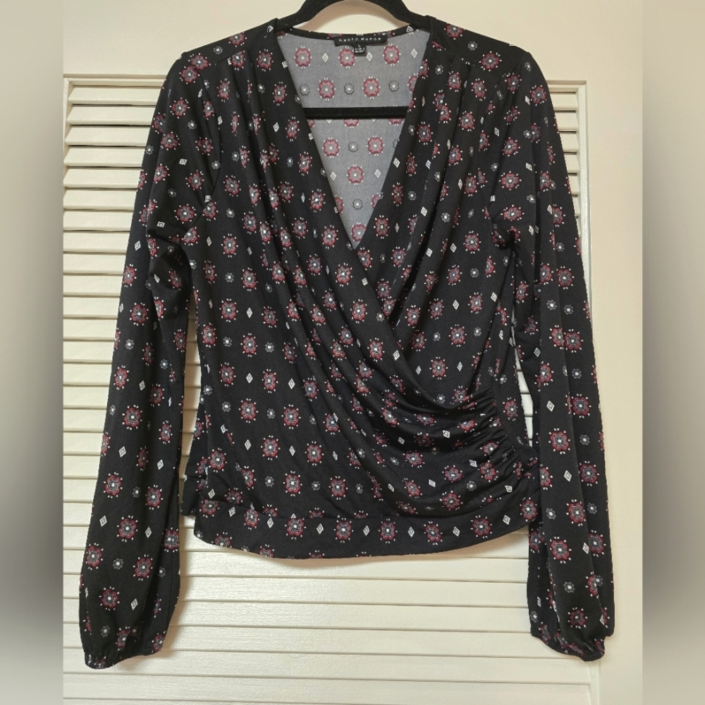 Haute Monde - Floral & Diamond Pattern Faux Wrap Long-Sleeve Top